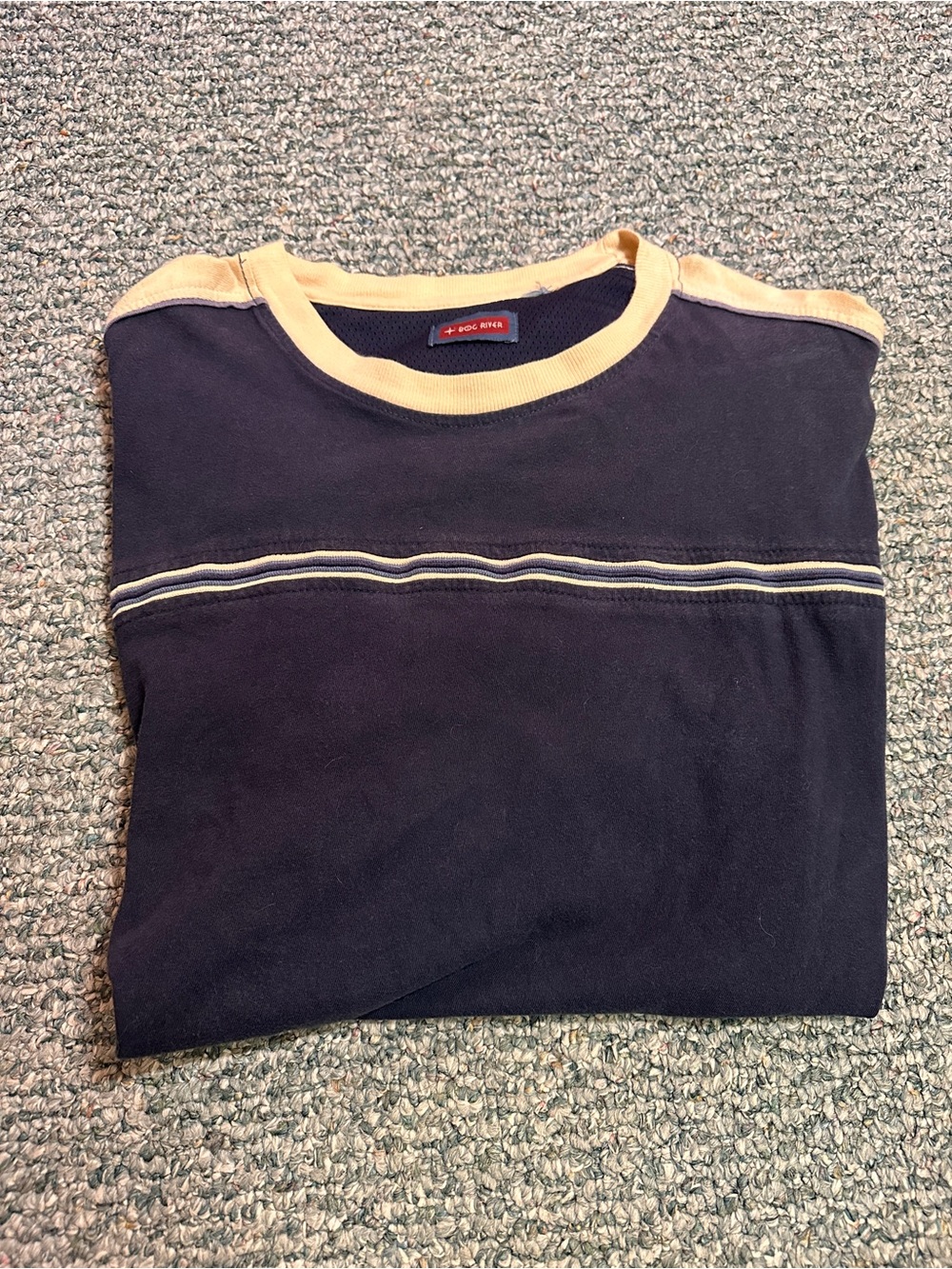 Vintage 90s Men’s Bog River Navy Cream Striped Cotton Crewneck Tee Oversized Fit